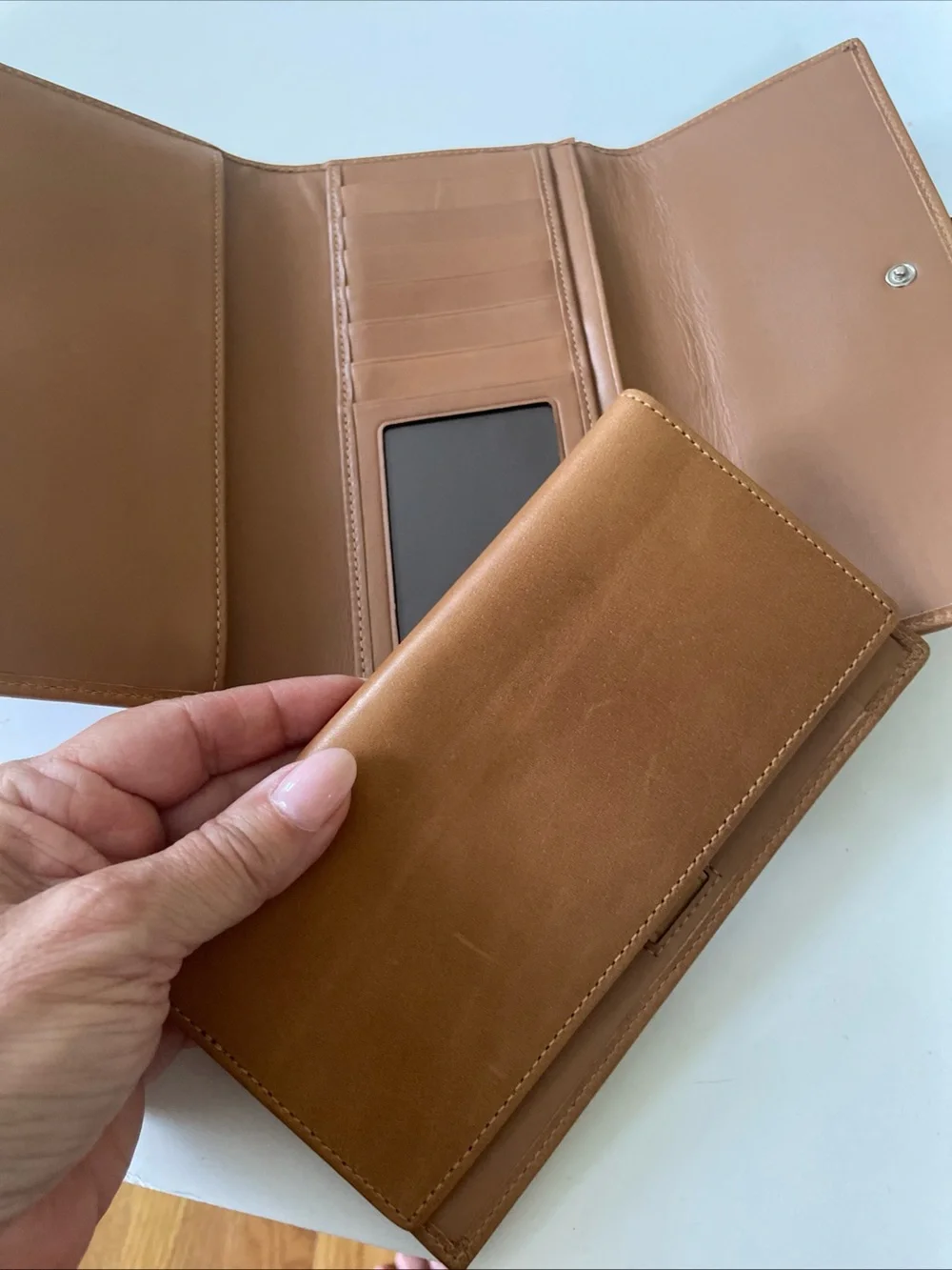 Coach Tan and Dark Brown Leather Buckle Continental Wallet